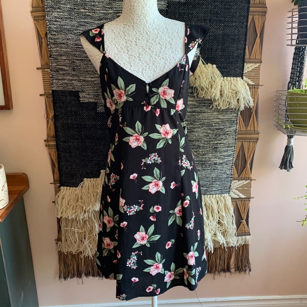 Black & Floral Print Flowy A-Line Day Dress Size Large